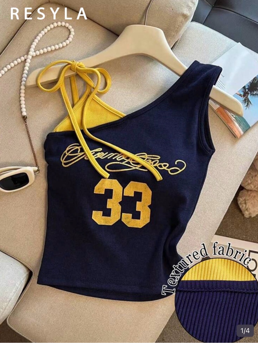SHEIN Navy One-Shoulder Ribbed Tank with Yellow Graphic
